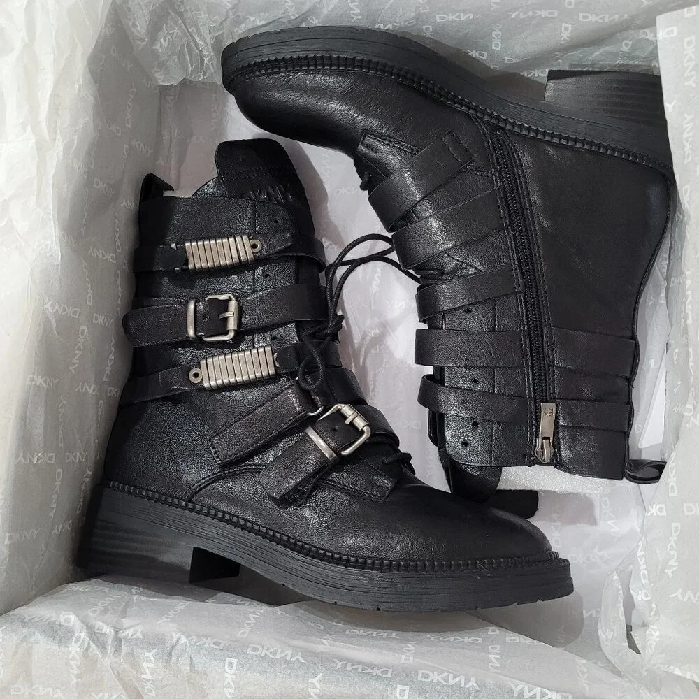 DKNY Black Buckled Combat Boots. Silver-Tone Metal Accents. 7. New. - Picture 5 of 13